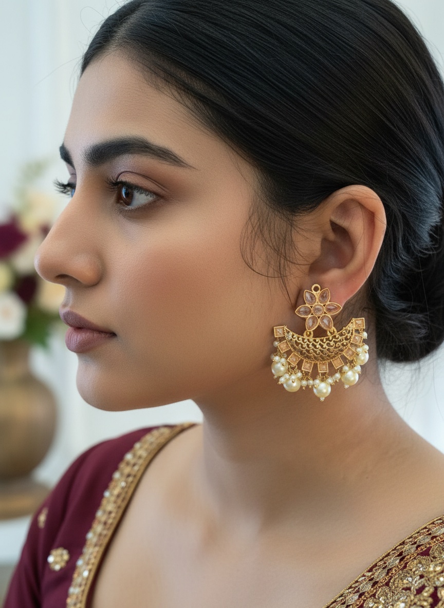 Champagne Stone Chandabali Earrings with Faux Pearls