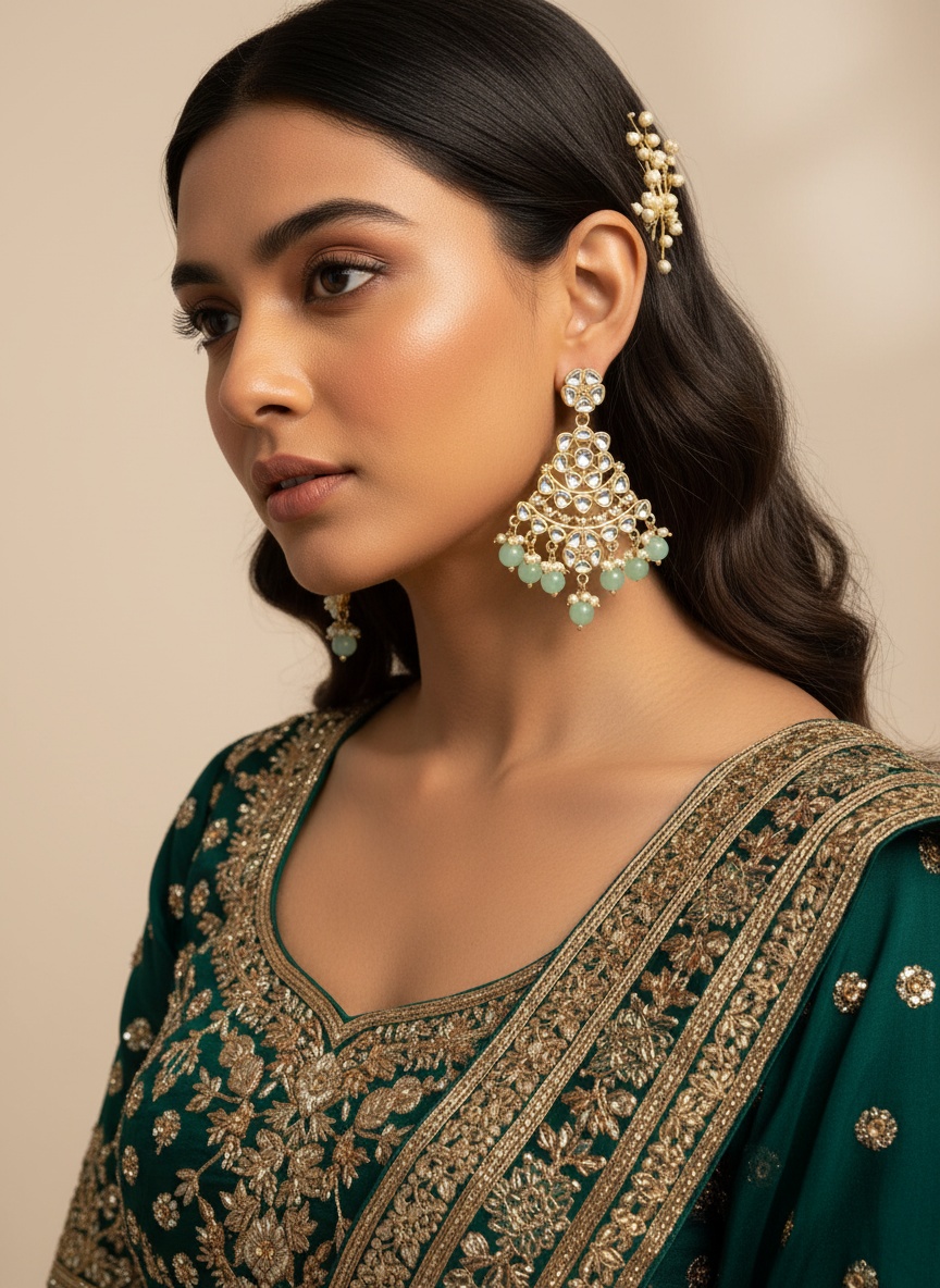 Mint Kundan Chandabali Earrings