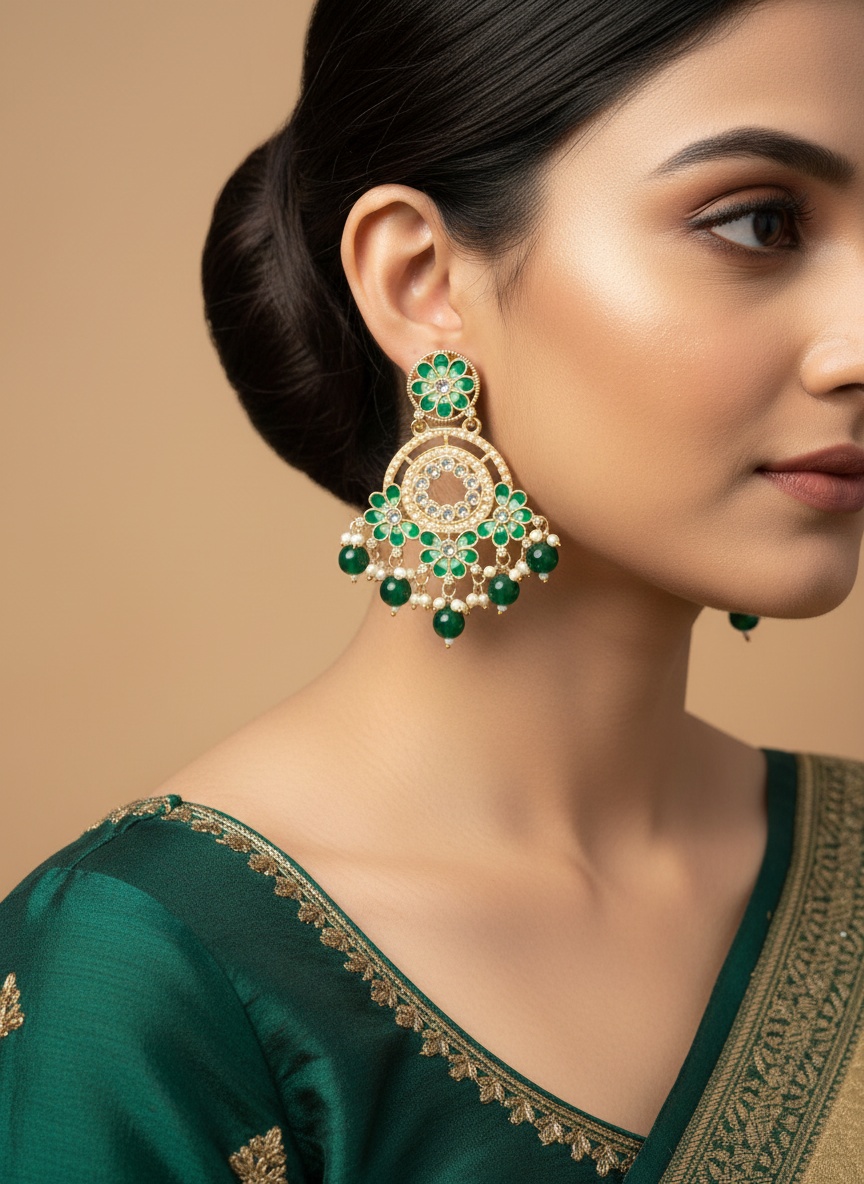 Ombre Green Meenakari Earrings with Faux Pearls