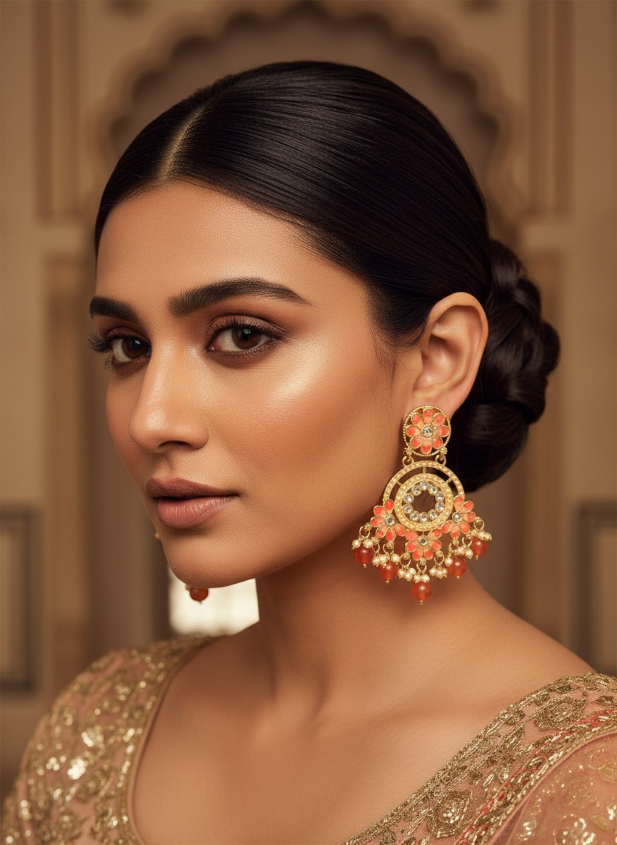 Orange Ombre Meenakari Earrings with Faux Pearls