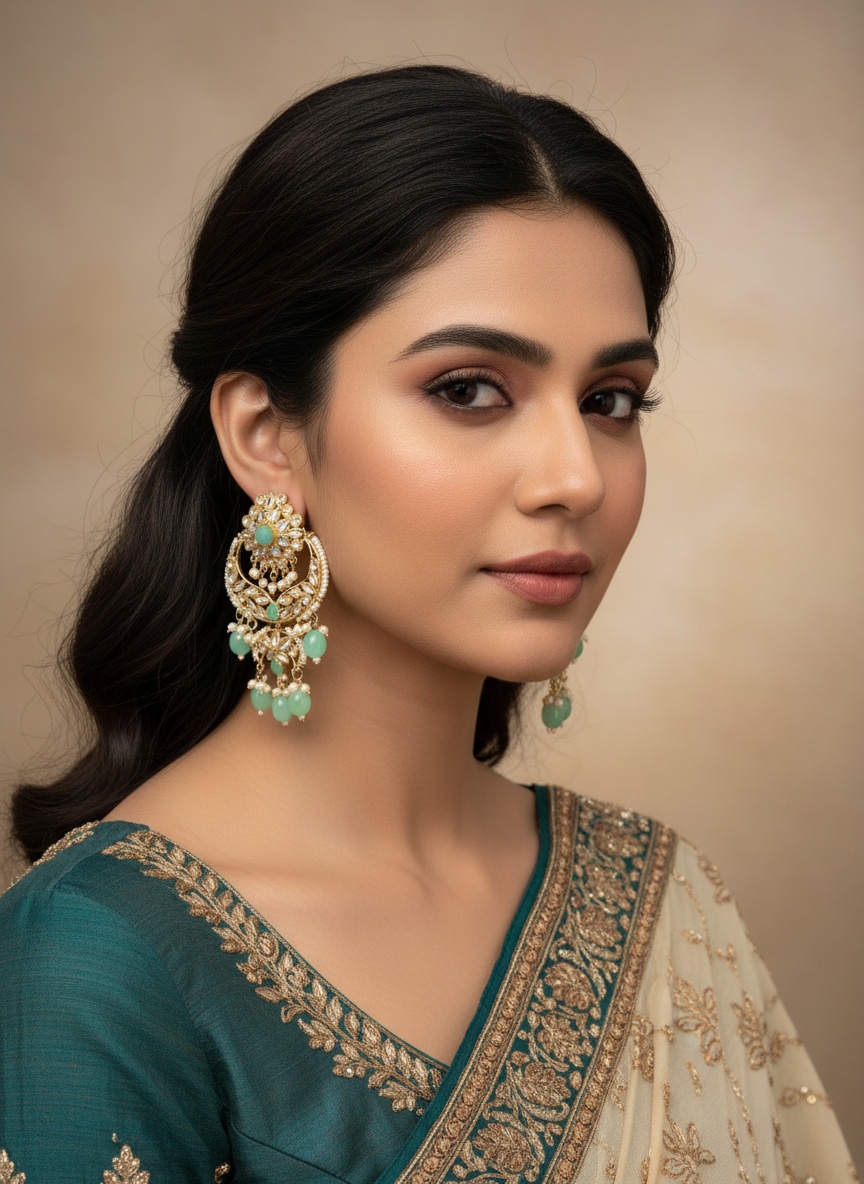 Sea Foam Green Chandabali Earrings with Faux Pearls