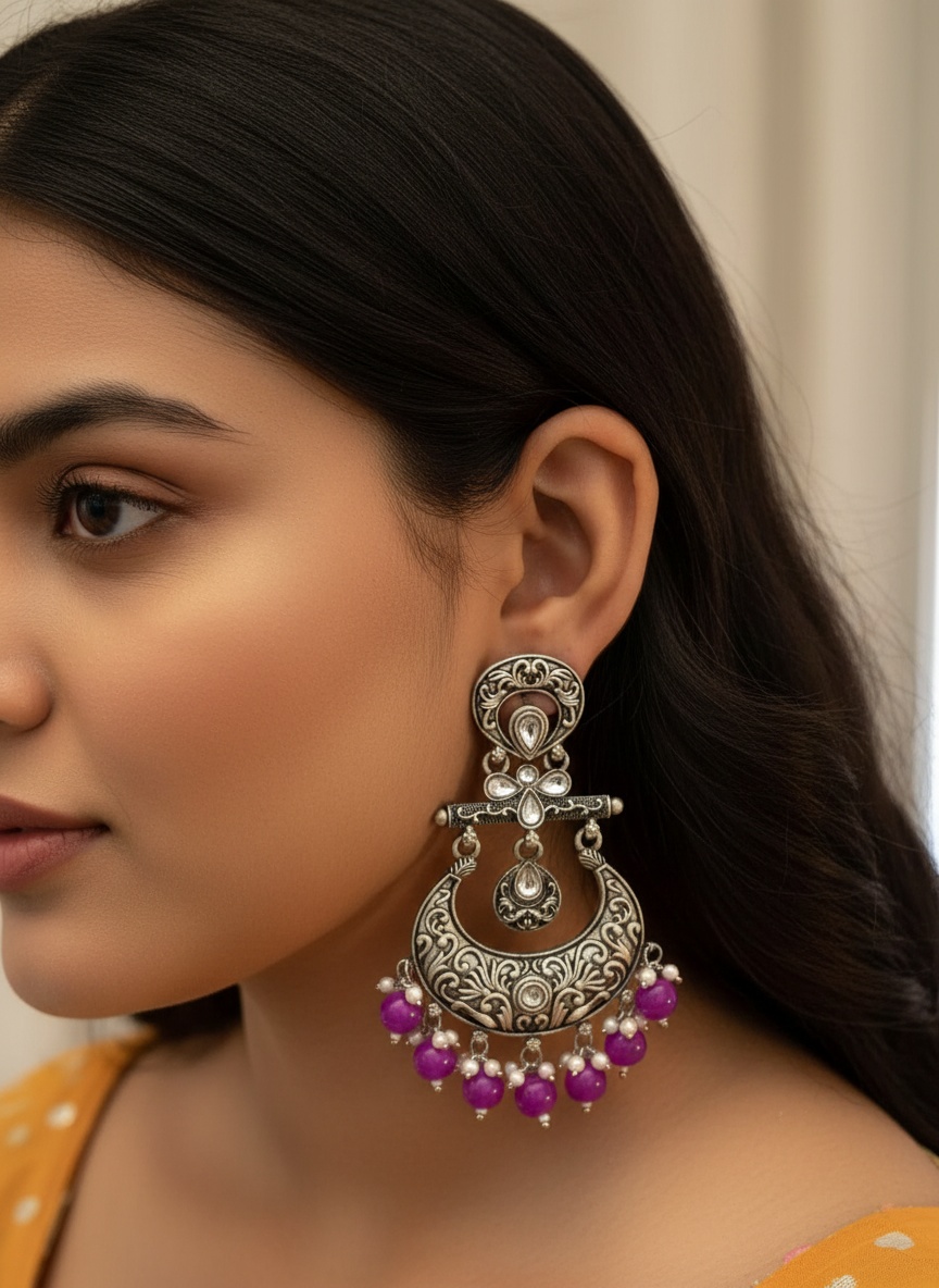 Silver - Purple Antique Temple Earrings