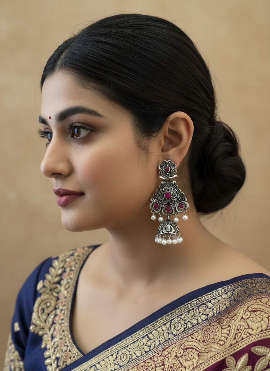 Silver - Purple Antique Temple Jhumka