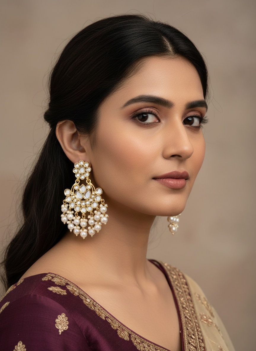 White Kundan Chandabali Earrings