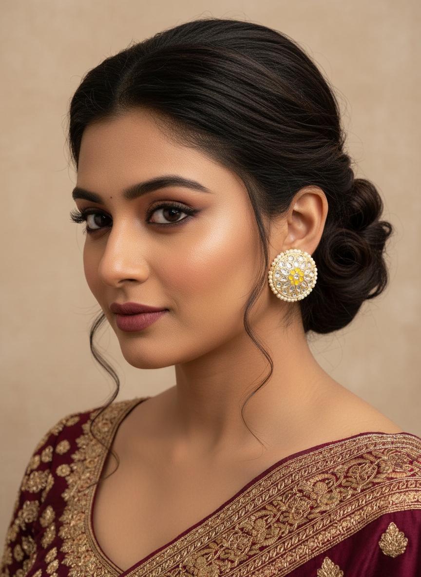 Yellow Kundan-Pearl Stud