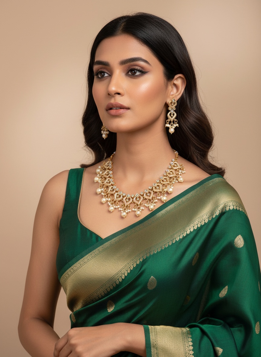 Champagne Necklace Set with Faux Pearls