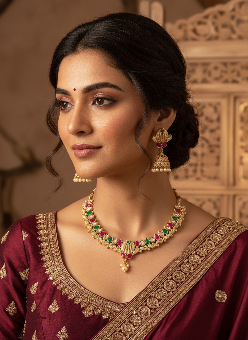 Classic Multicolor Necklace Set including Jhumka Earrings