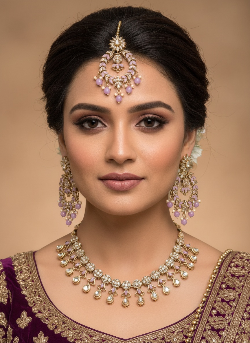 Lavender Floral Necklace Set with Maang