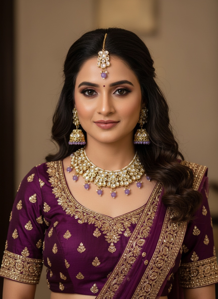 Purple Kundan Jhumka Necklace Set with Maang