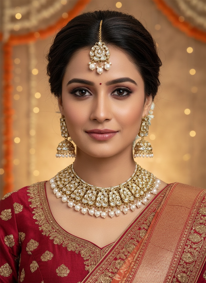 White Collar Kundan Necklace Set with Maang