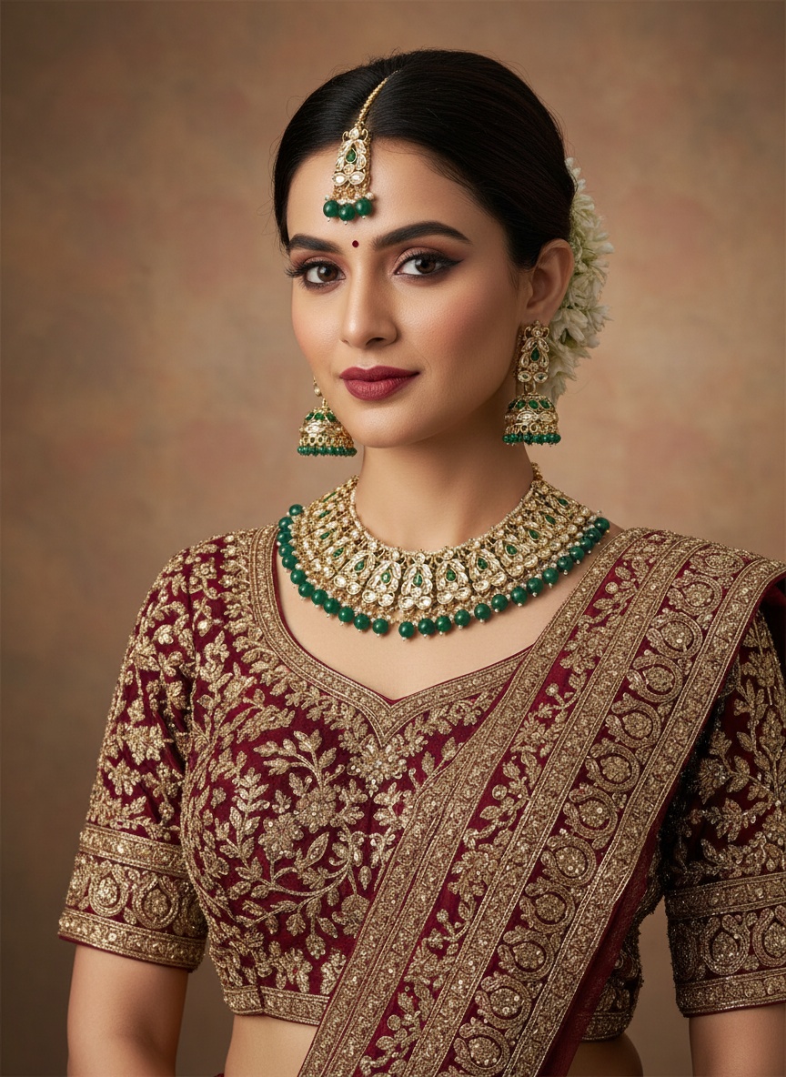 Green Collar Kundan Necklace Set with Maang