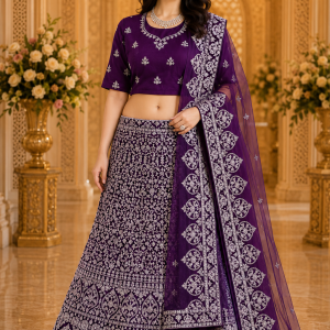 Deep Plum & Silver Bridal Lehenga Choli