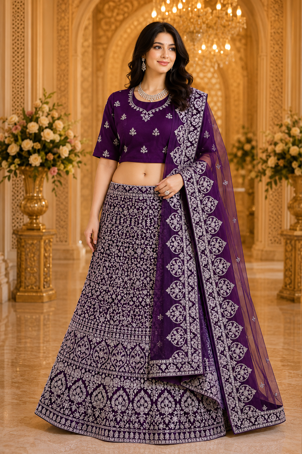 Deep Plum & Silver Bridal Lehenga Choli