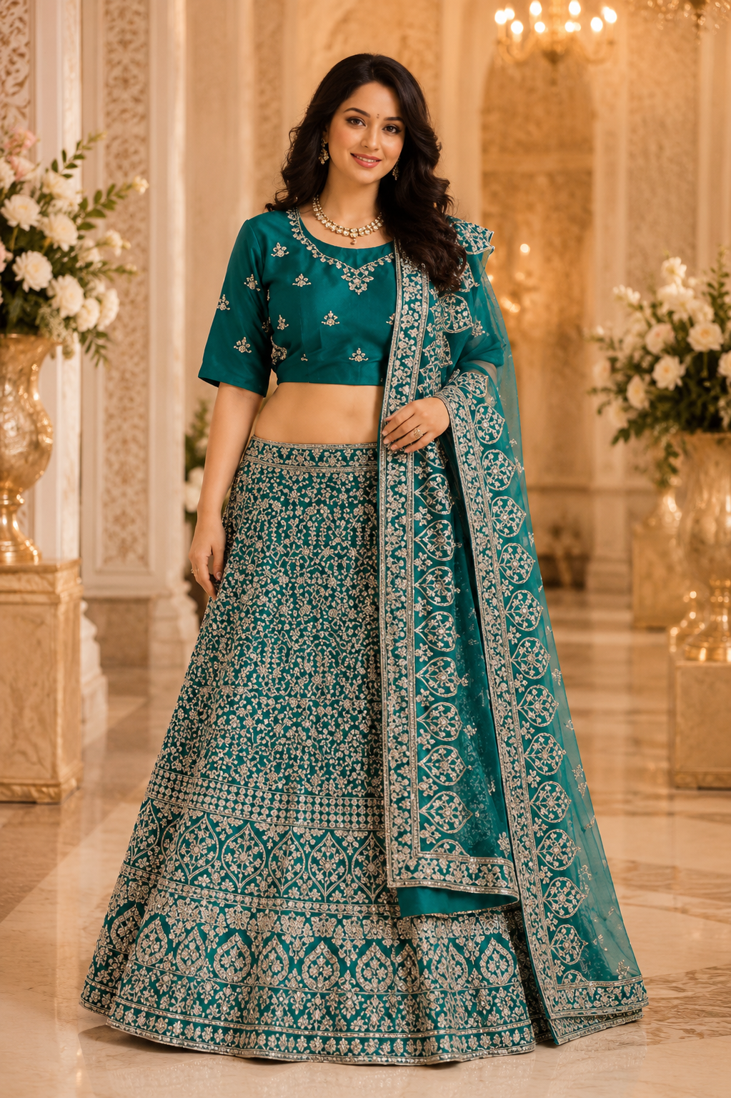 Teal & Silver Embroidered Lehenga Choli
