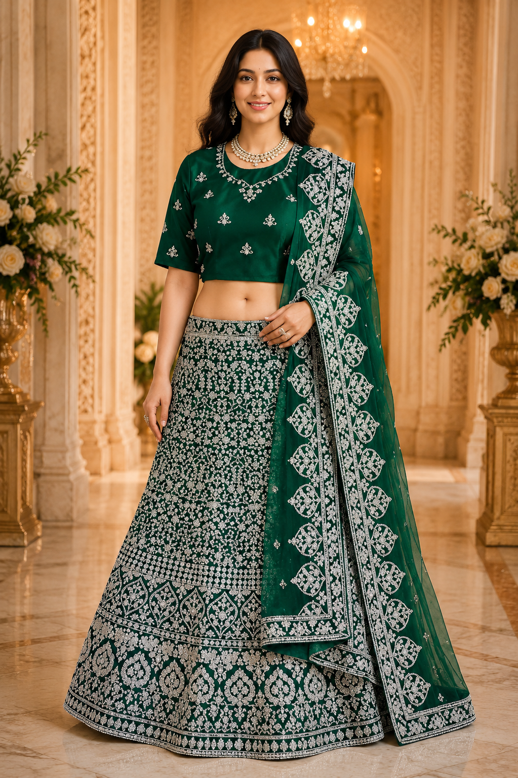 Emerald Green & Silver Bridal Lehenga Choli