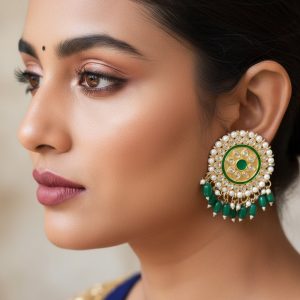 Green-Circle-Kundan-Studded-Saree-Earrings-with-Dangling-Beads