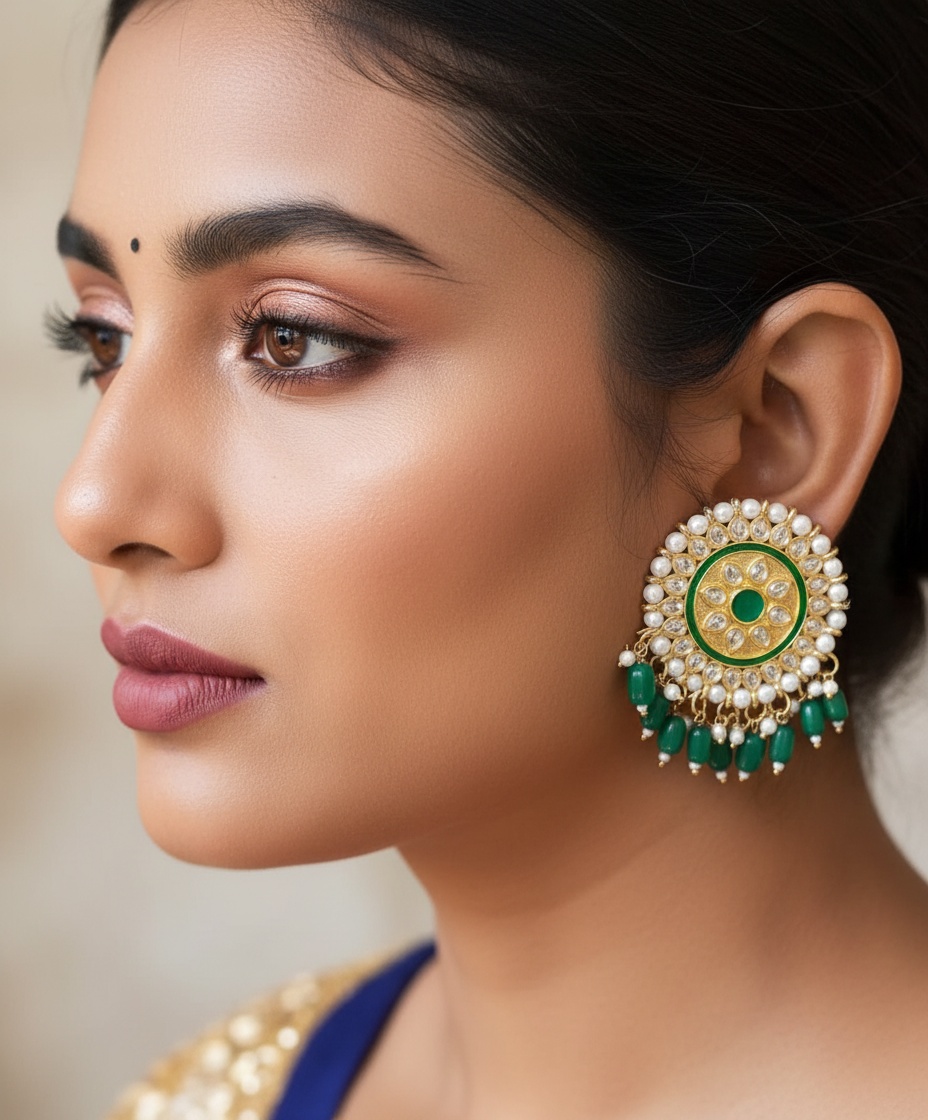 Green-Circle-Kundan-Studded-Saree-Earrings-with-Dangling-Beads