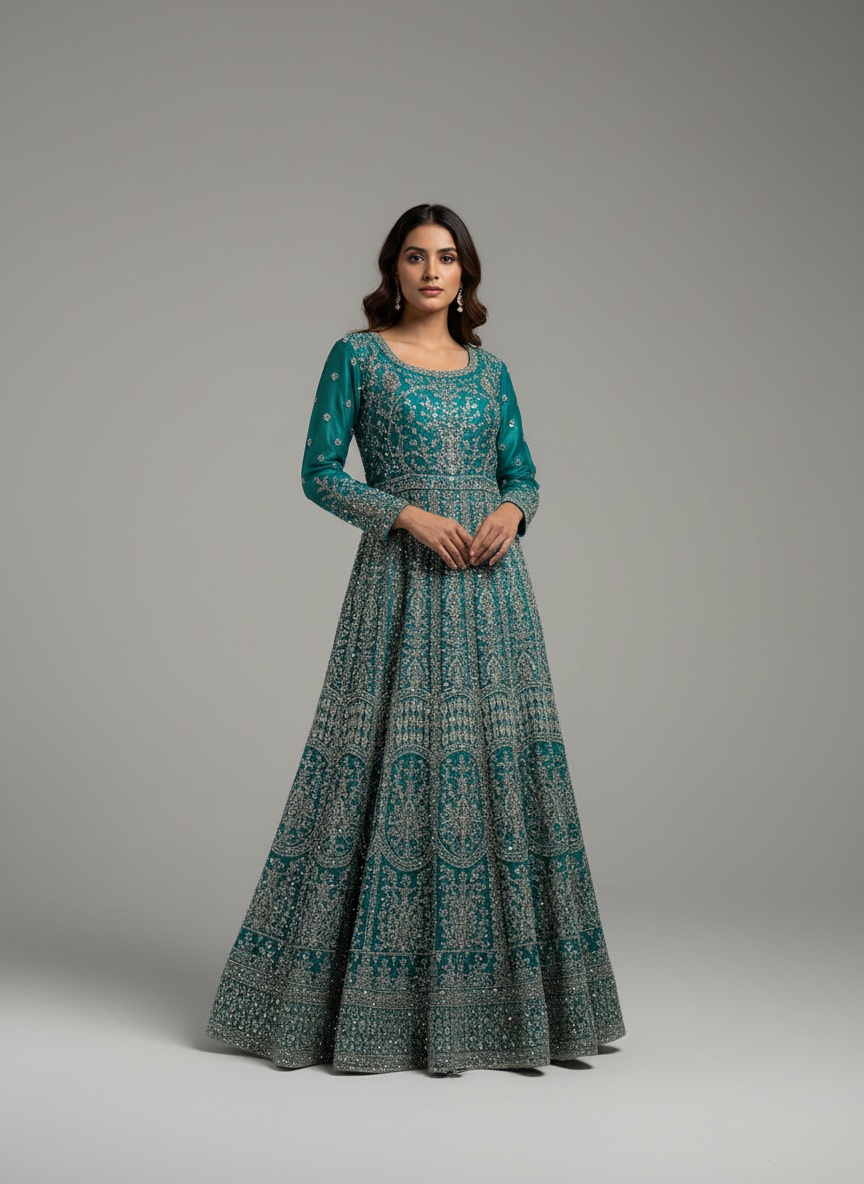 Luxury Embroidered Anarkali Dress with Dupatta – Designer Wedding Festive Gown for Women Turquoise