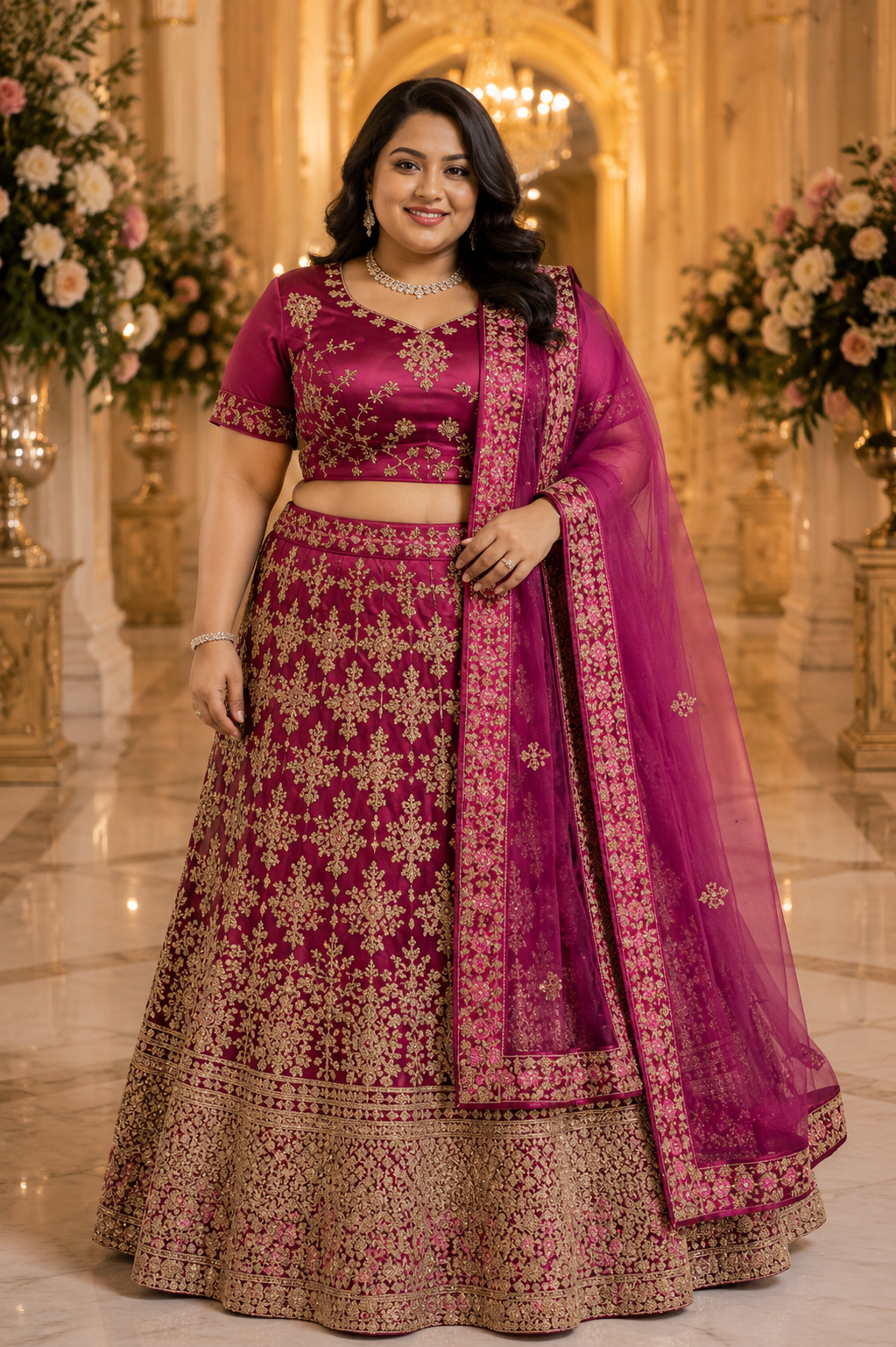 Magenta & Antique Gold Embroidered Lehenga Choli