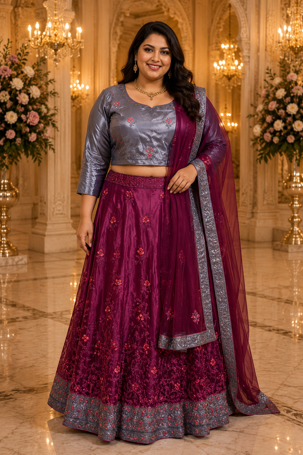 Periwinkle Blue and Berry Wine Lehenga Choli