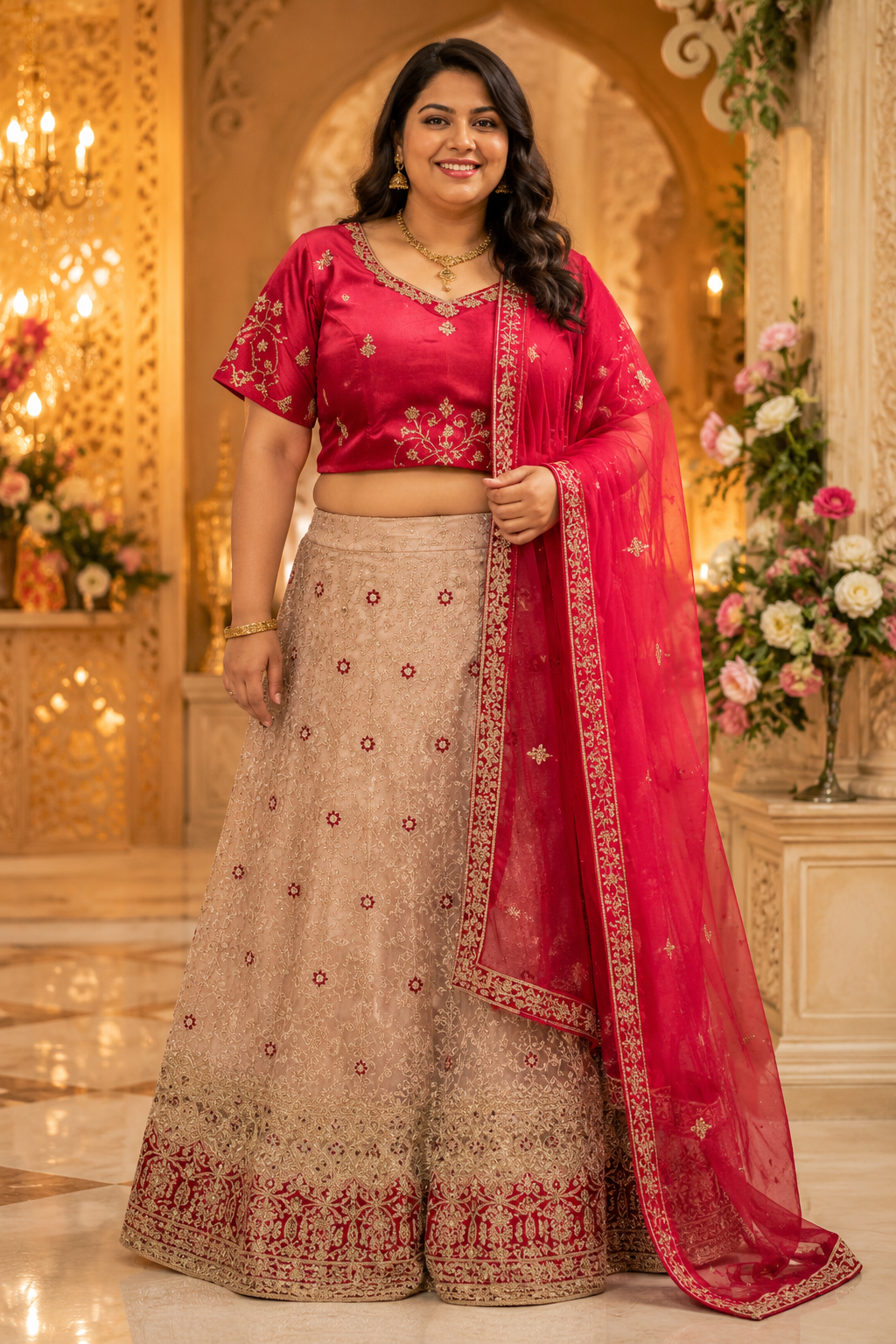 Red & Champagne Gold Bridal Lehenga Choli Set