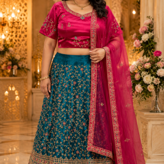 Teal Blue and Fuchsia Pink Lehenga Choli