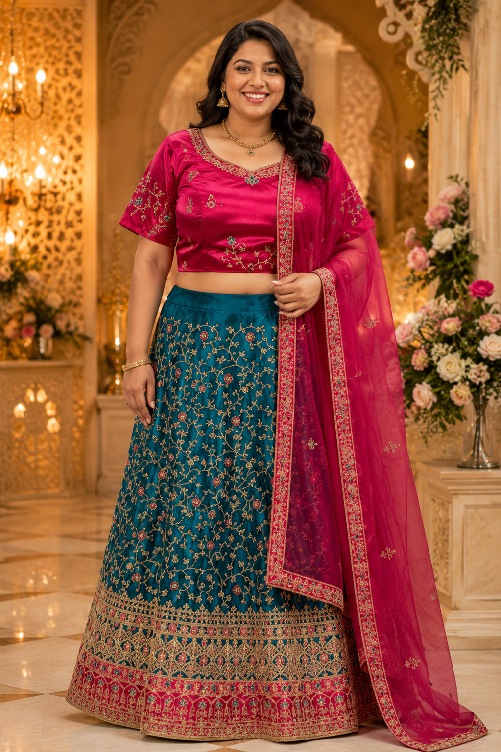 Teal Blue and Fuchsia Pink Lehenga Choli