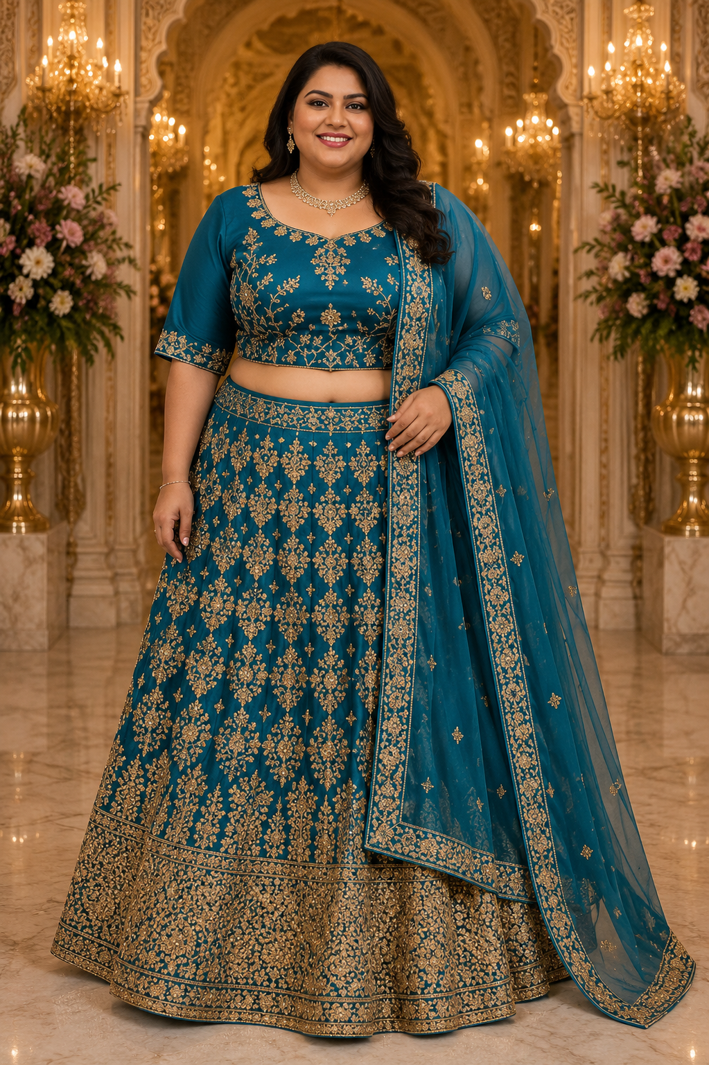 Teal Blue and Gold Lehenga Choli