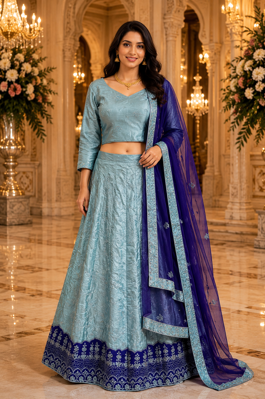 Dusty Aqua Blue & Royal Blue Lehenga Choli Set