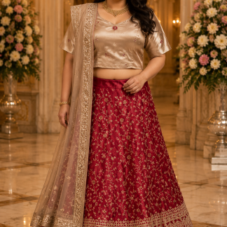 Ruby Red & Champagne Gold Embroidered Lehenga Choli