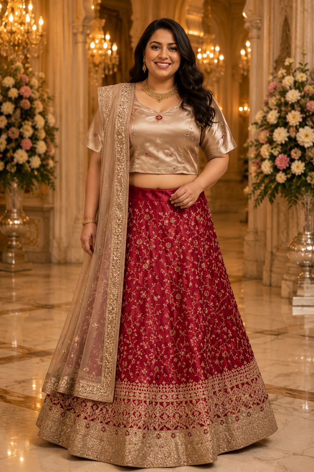 Ruby Red & Champagne Gold Embroidered Lehenga Choli
