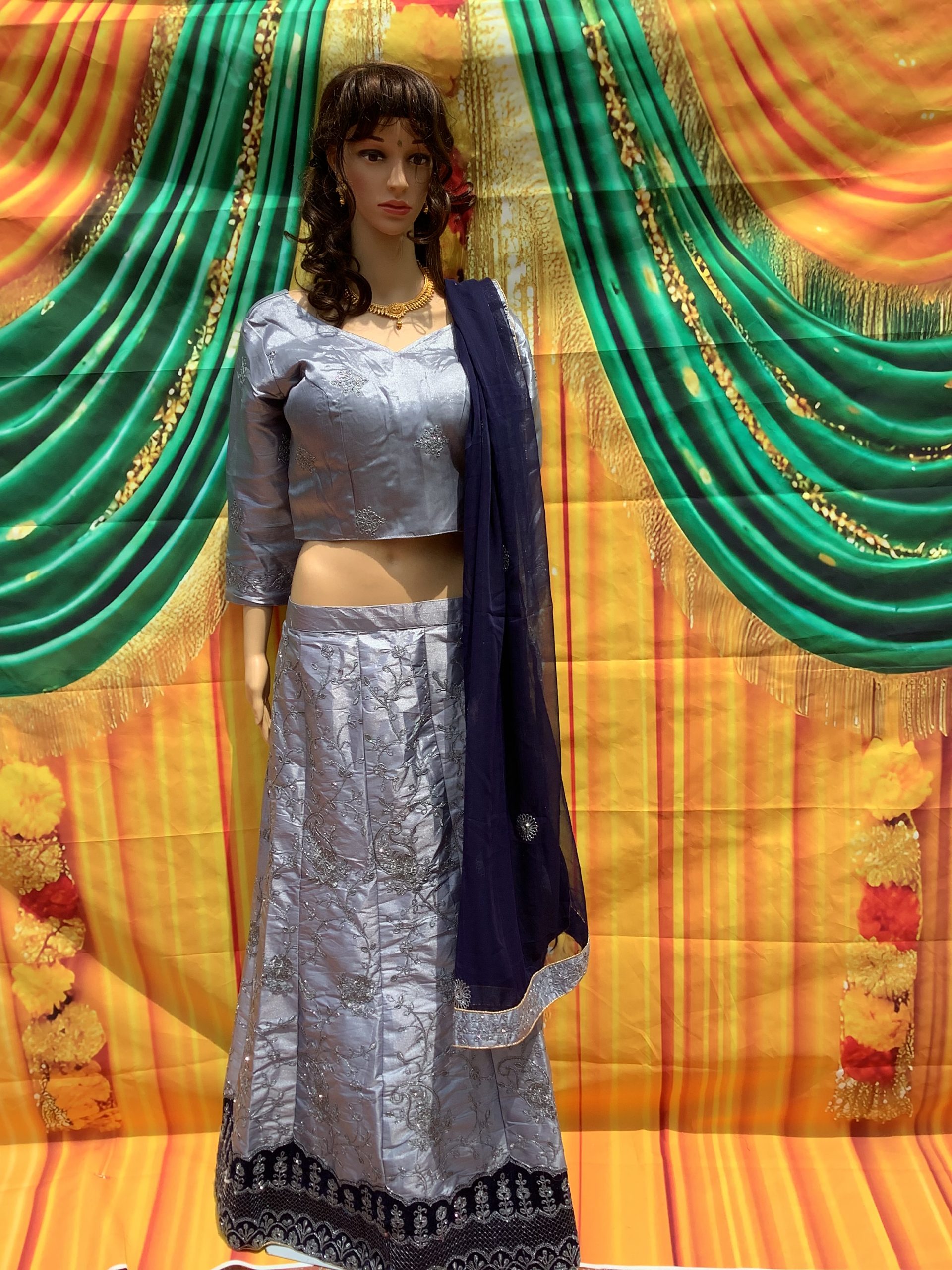 Silver Blue & Navy Embroidered Lehenga Choli Set