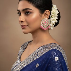 Pink Circle Kundan Studded Saree Earrings with Dangling Beads