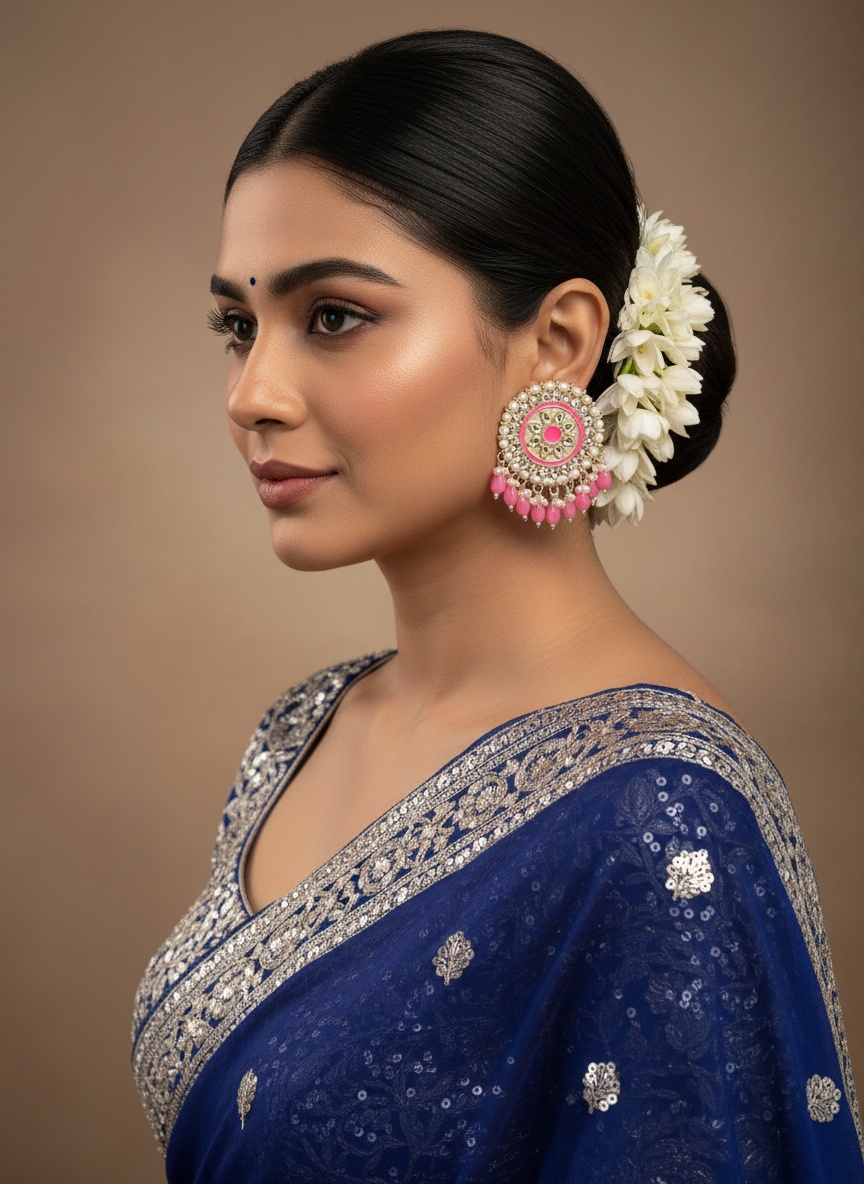 Pink Circle Kundan Studded Saree Earrings with Dangling Beads