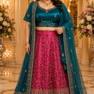 Teal & Fuchsia Embroidered Lehenga Choli Set