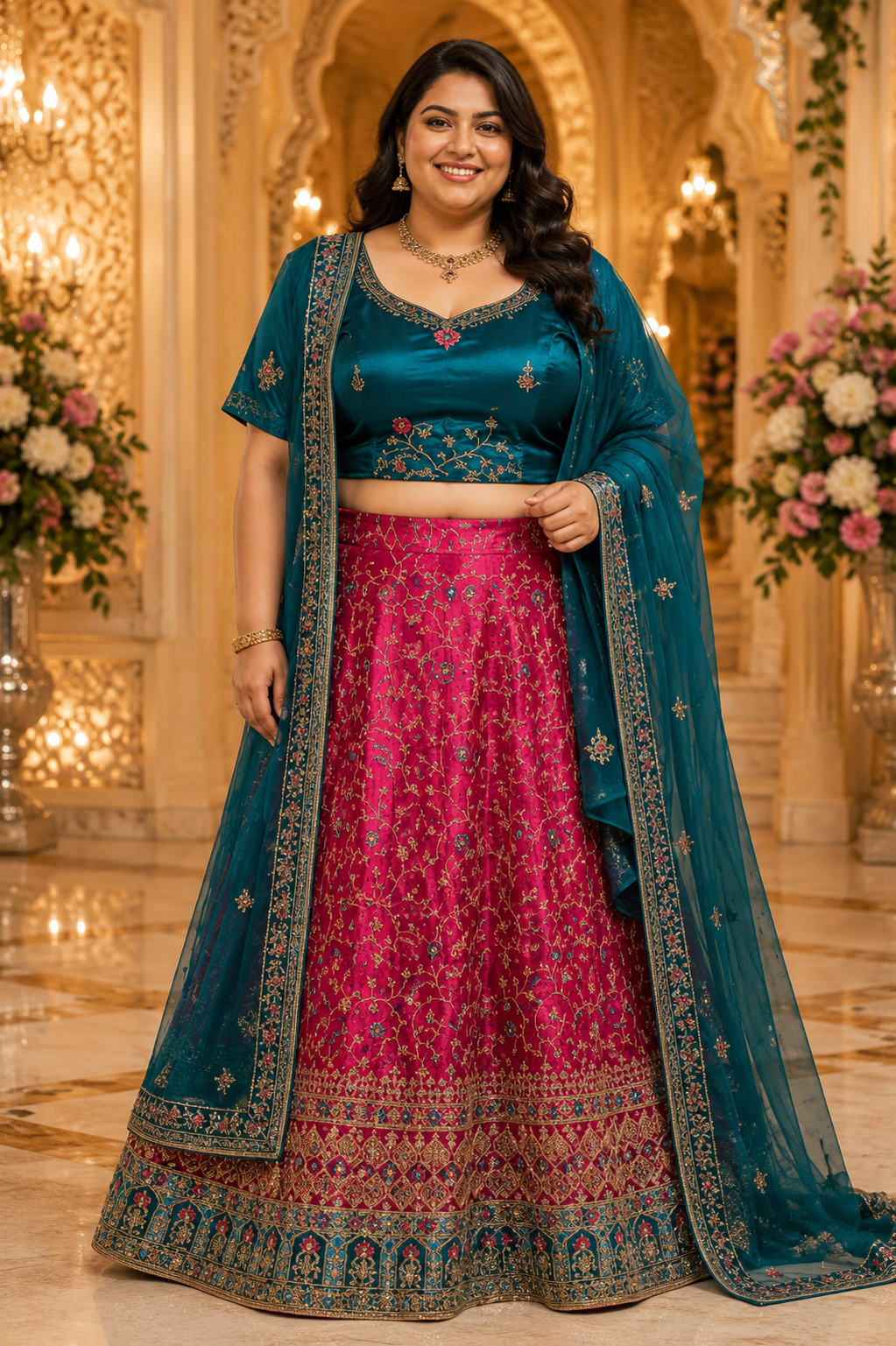 Teal & Fuchsia Embroidered Lehenga Choli Set