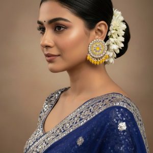 Yellow Circle Kundan Studded Saree Earrings with Dangling Beads