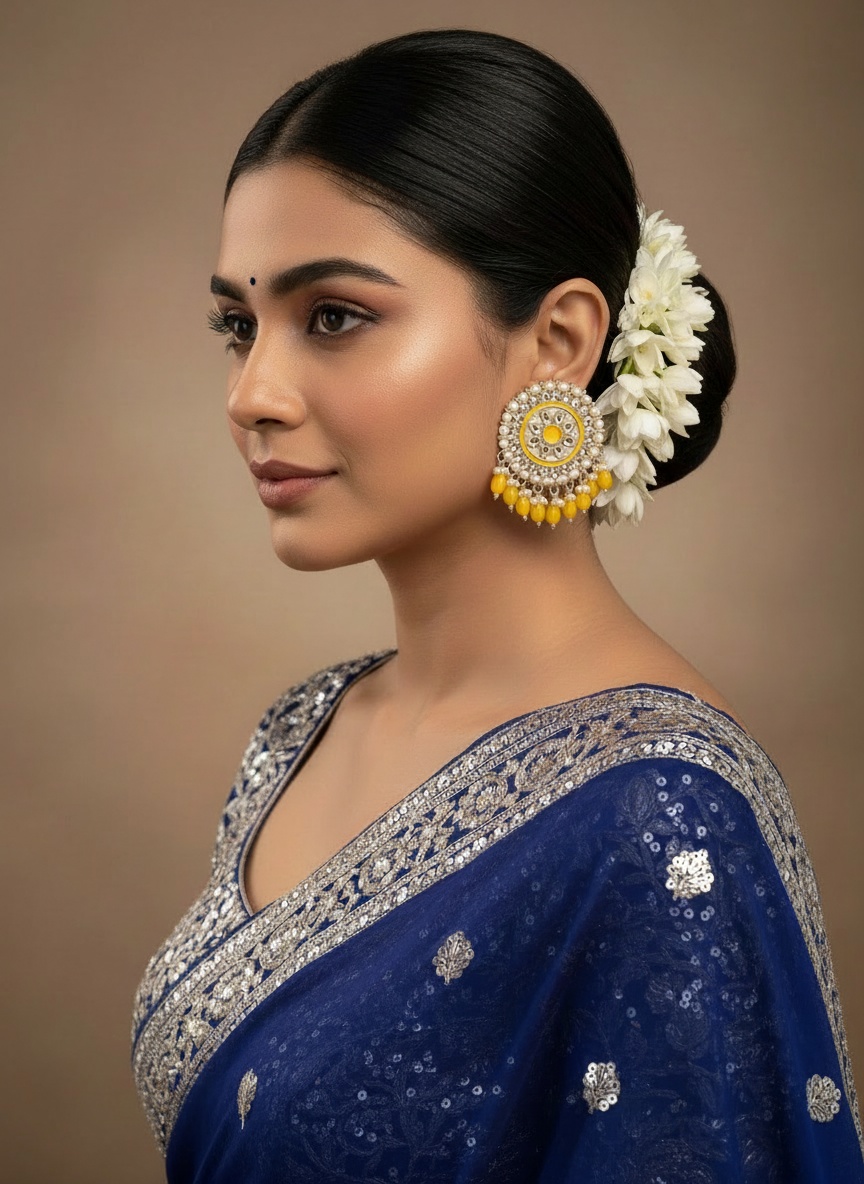 Yellow Circle Kundan Studded Saree Earrings with Dangling Beads