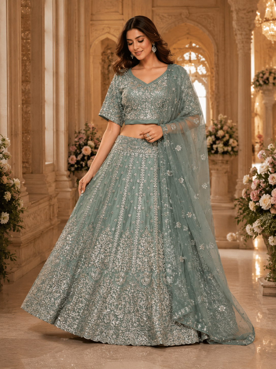 Dusty Sage Green Bridal Lehenga | Wedding & Reception Wear