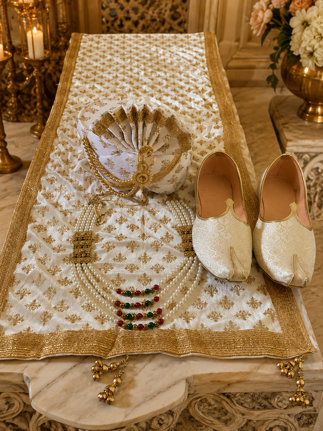 Ivory & Gold Groom Wedding Accessory Set – Safa, Mala, Mojaris & Embroidered Dupatta