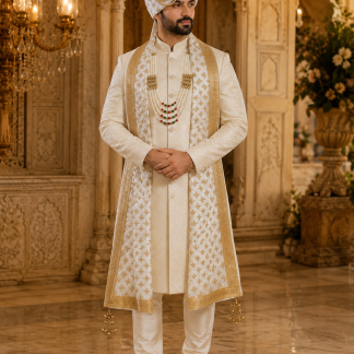 Ivory & Gold Groom Wedding Accessory Set – Safa, Mala, Mojaris & Embroidered Dupatta