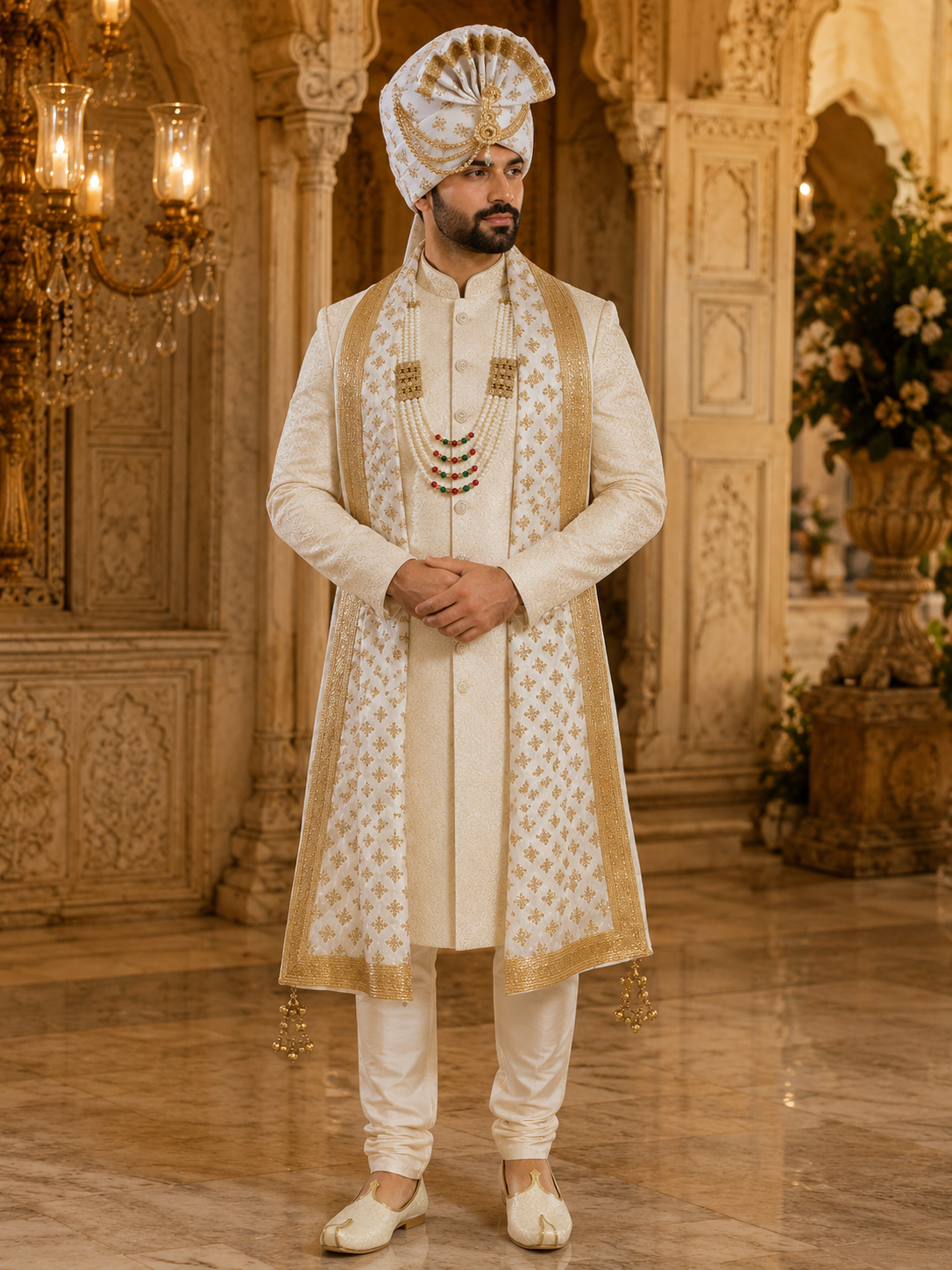 Ivory & Gold Groom Wedding Accessory Set – Safa, Mala, Mojaris & Embroidered Dupatta