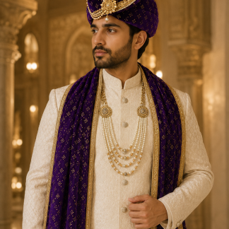 Royal Purple Groom Wedding Accessory Set – Safa, Pearl Mala & Embroidered Dupatta