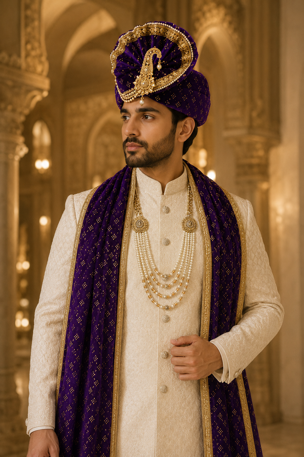 Royal Purple Groom Wedding Accessory Set – Safa, Pearl Mala & Embroidered Dupatta
