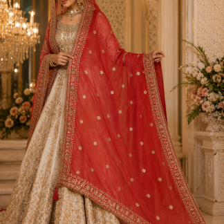 Luxury Burgundy Bridal Dupatta with Gold Embroidery