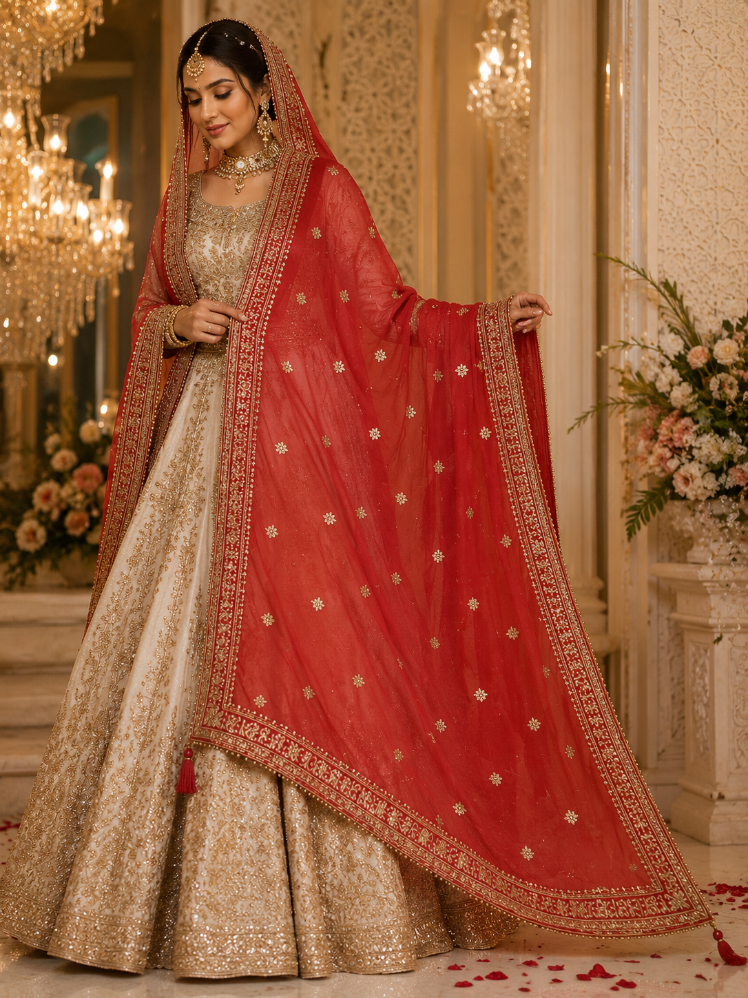 Luxury Burgundy Bridal Dupatta with Gold Embroidery