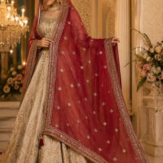 Ruby Red Embroidered Bridal Dupatta with Gold Zari Border & Sequin Work