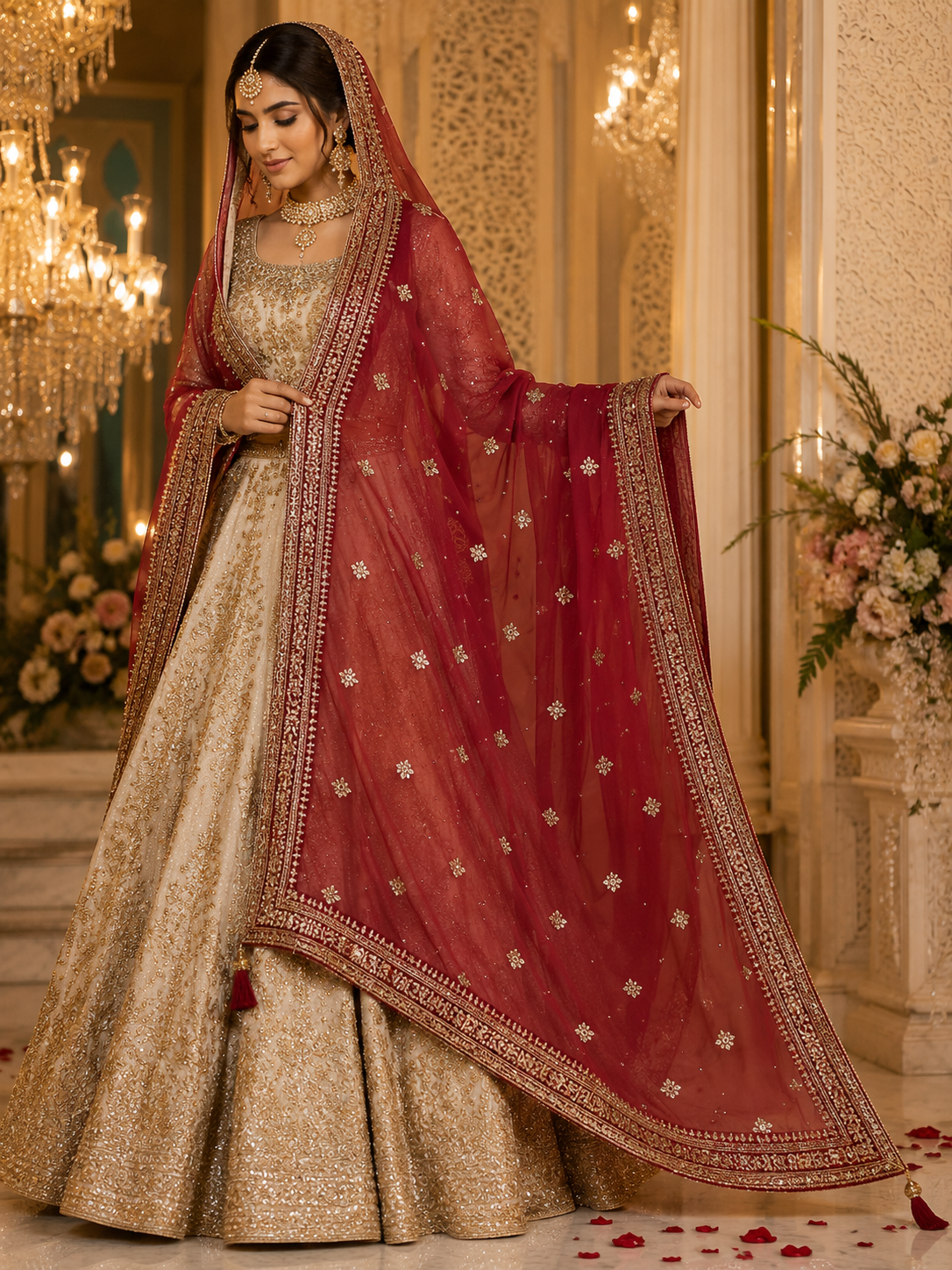 Ruby Red Embroidered Bridal Dupatta with Gold Zari Border & Sequin Work