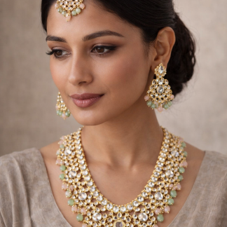 Pastel Kundan Bridal Necklace Set with Maang Tikka & Earrings