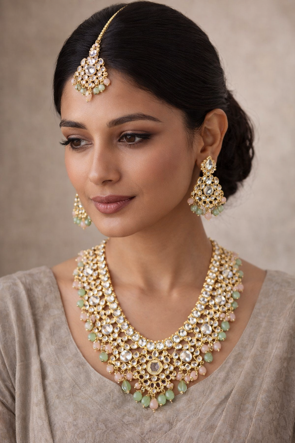 Pastel Kundan Bridal Necklace Set with Maang Tikka & Earrings
